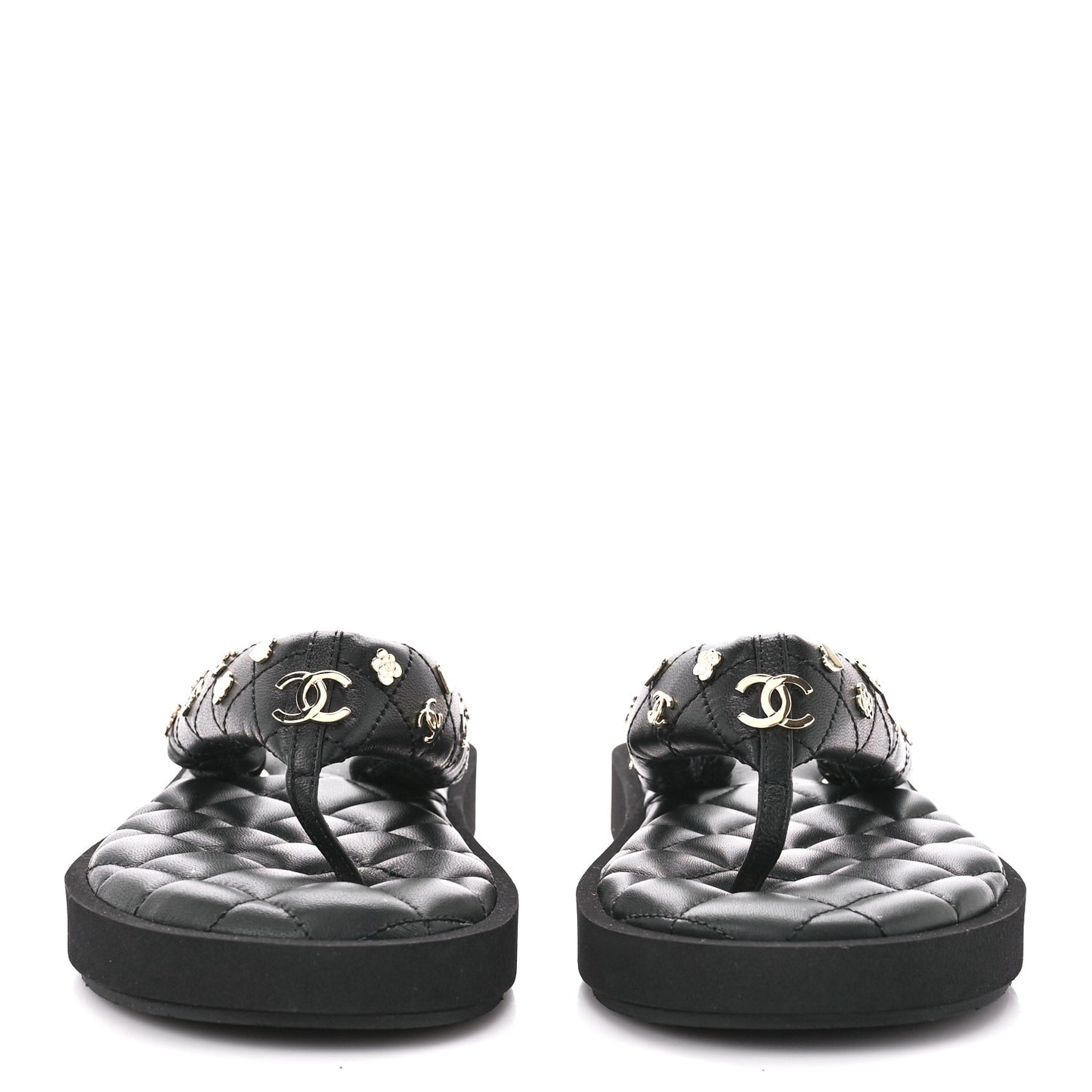 Lambskin Quilted Padded Charms Thong Sandals 39 Black