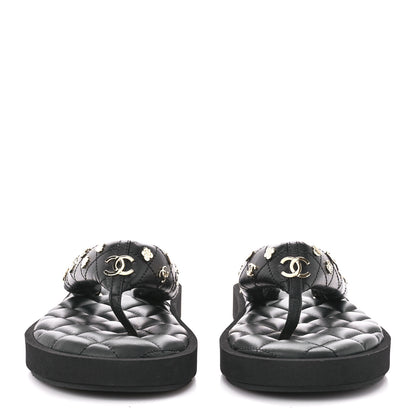 Chanel Lambskin Quilted Padded Charms Thong Sandals 39 Black 2 of 7