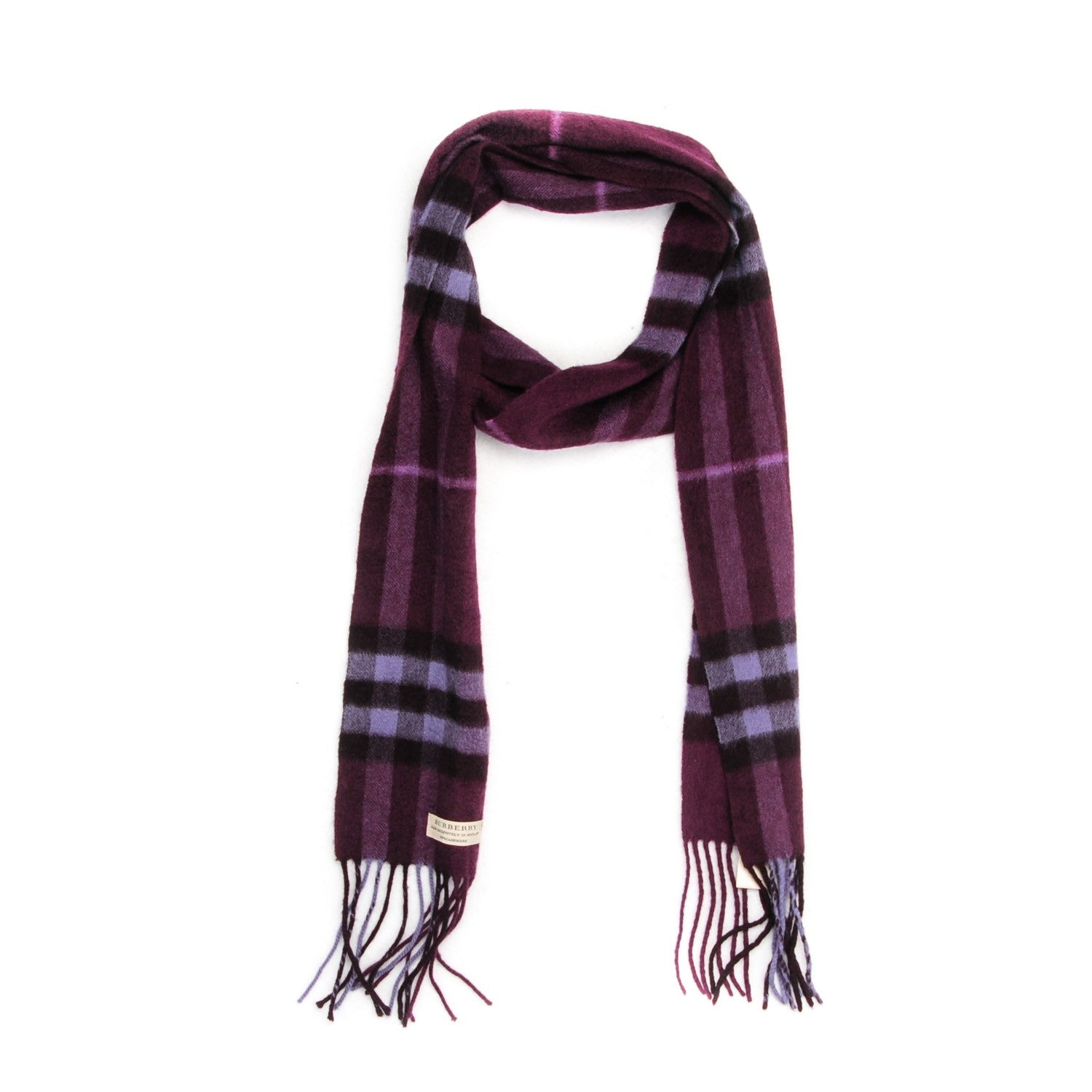 Burberry Cashmere Giant Check Fringe Skinny Scarf Plum 1 of 5