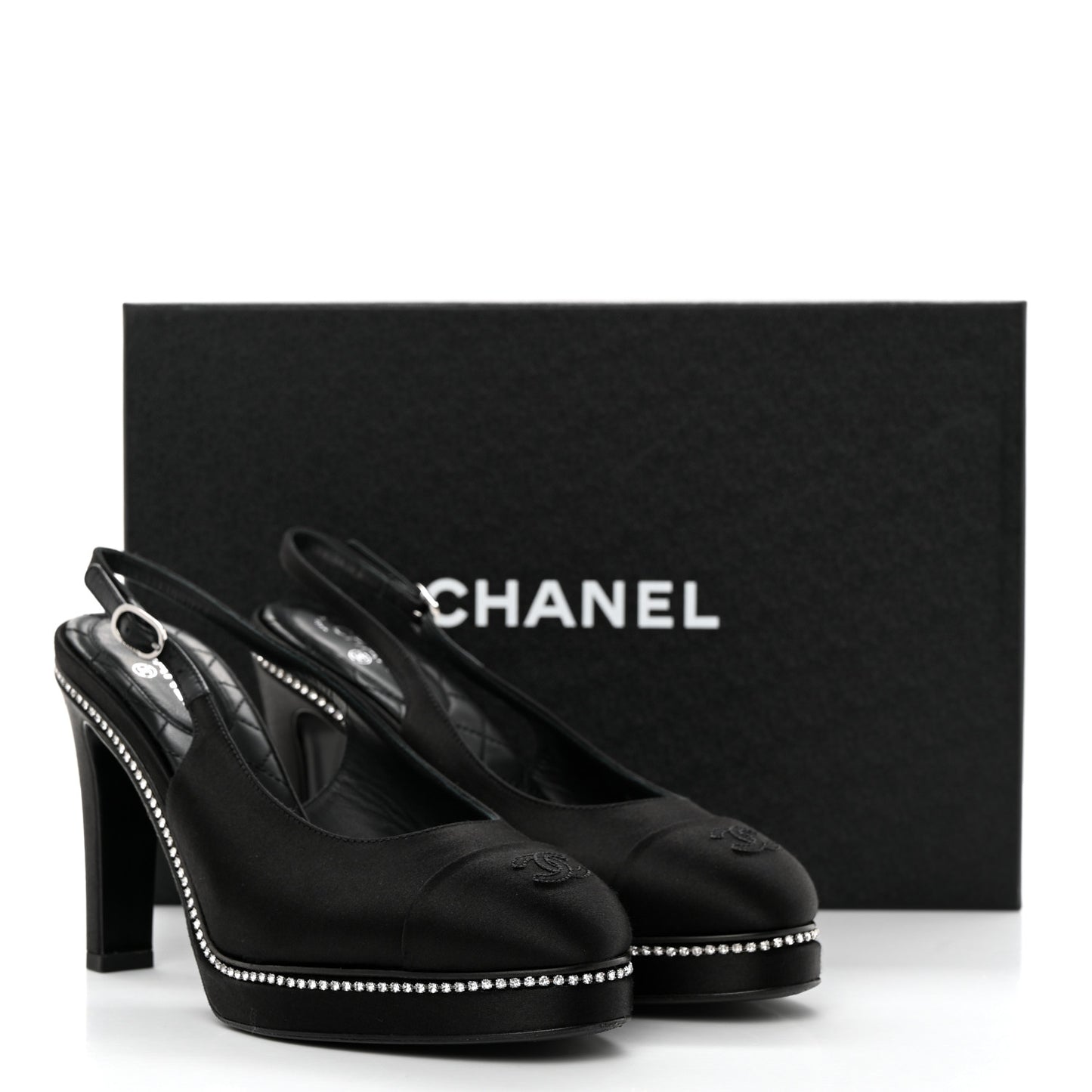 Silk Crystal Embellished Cap Toe CC Slingback Pumps 36.5 Black