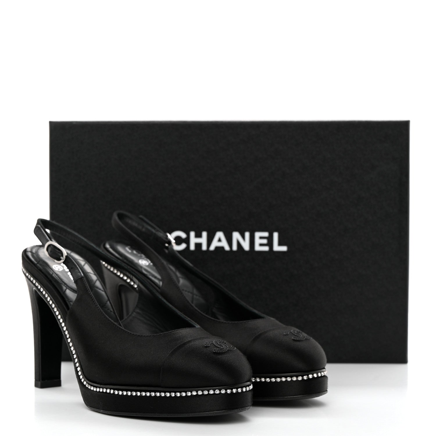 Chanel Silk Crystal Embellished Cap Toe CC Slingback Pumps 36.5 Black 9 of 10