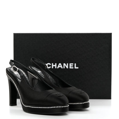 Chanel Silk Crystal Embellished Cap Toe CC Slingback Pumps 36.5 Black 9 of 10