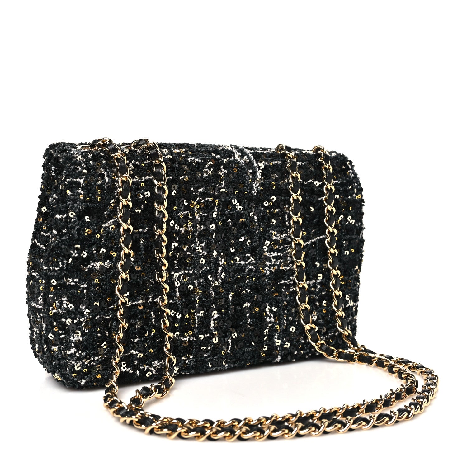 Chanel Tweed Sequin Small Single Flap Black Silvery Golden 1856295