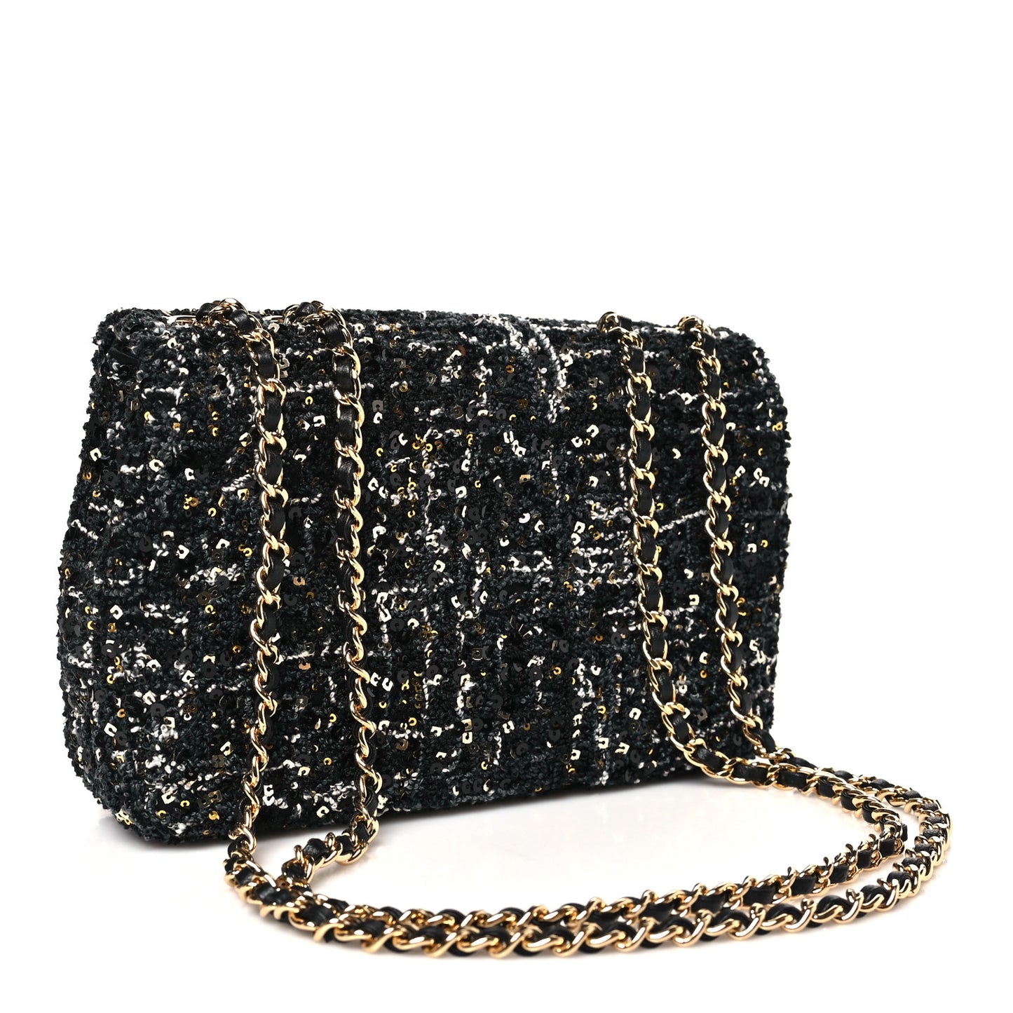 Tweed Sequin Small Single Flap Black Silvery Golden
