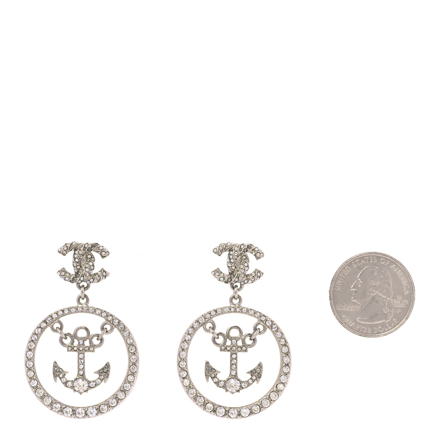 Crystal Pearl CC Anchor Drop Earrings Silver