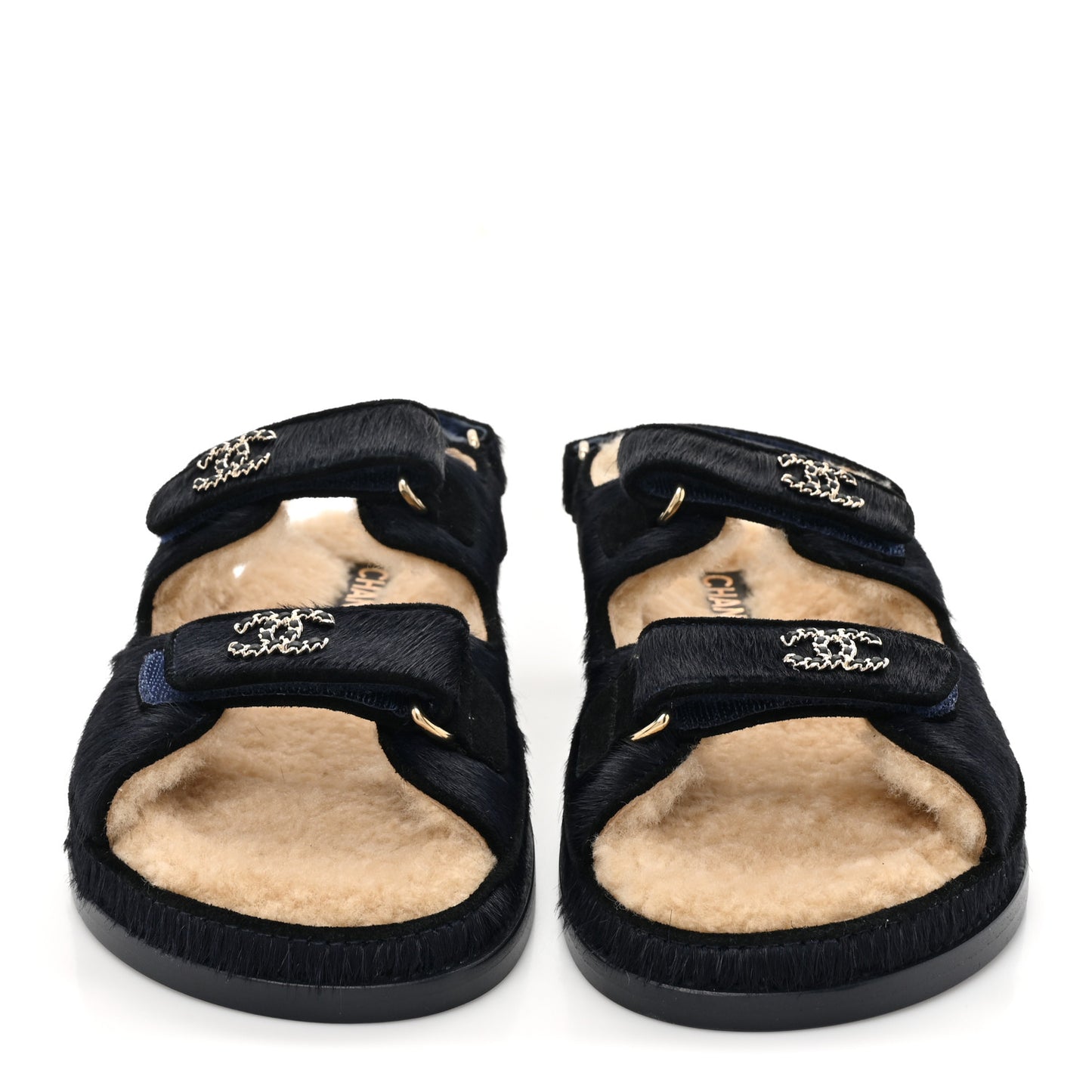 Calfskin Hair Suede Shearling Dad Sandals 37.5 Navy Black