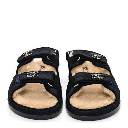 Chanel Calfskin Hair Suede Shearling Dad Sandals 37.5 Navy Black 2 of 9