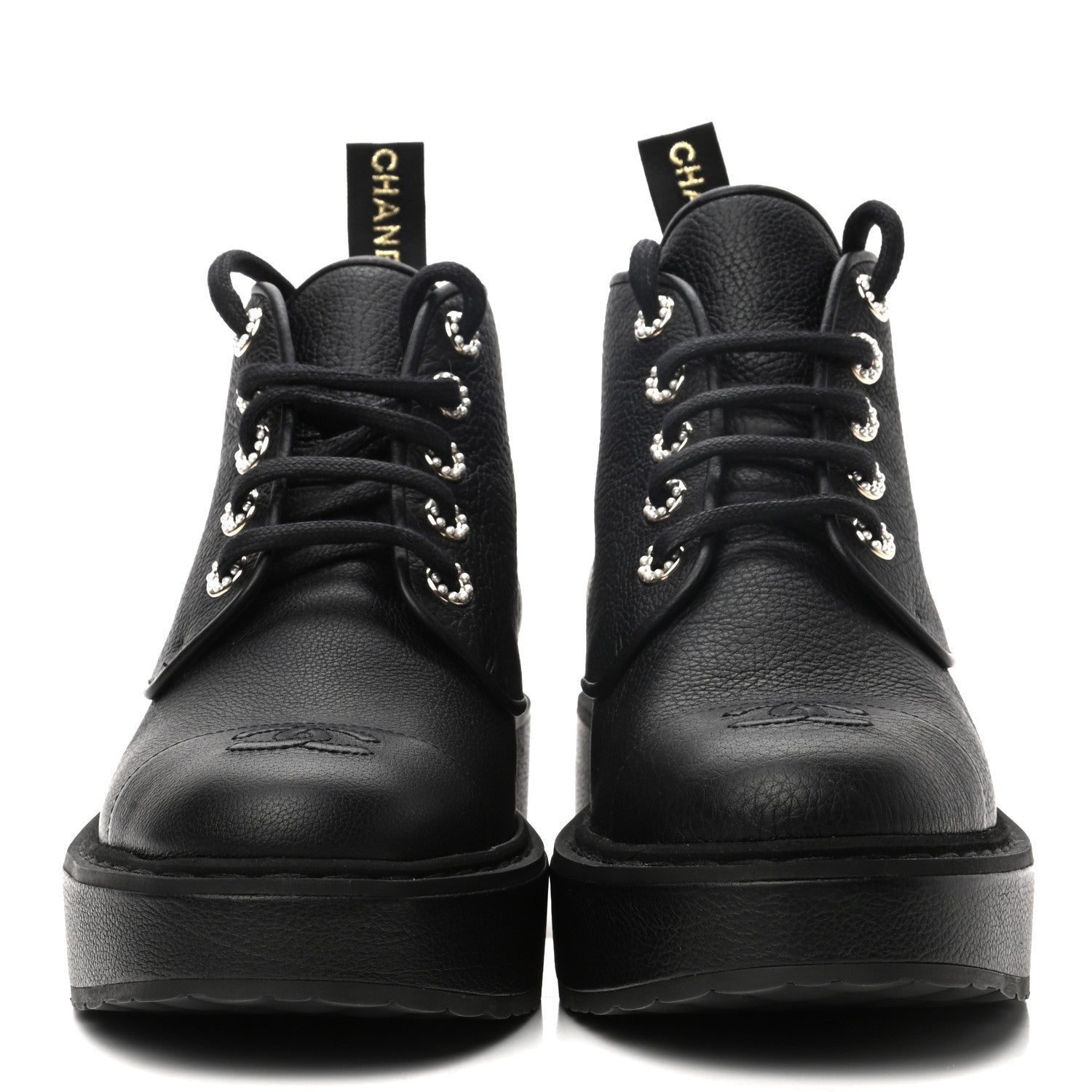 Chanel Goatskin Pearl Lace Up CC Short Boots 40 Black 2 of 10