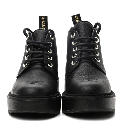 Chanel Goatskin Pearl Lace Up CC Short Boots 40 Black 2 of 10