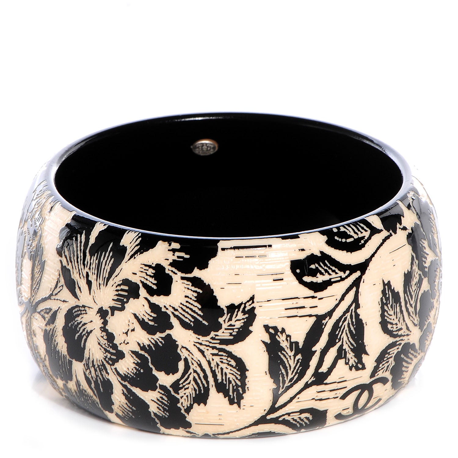 Chanel Resin Laser Etched Floral Bangle Black Cream 1 of 5