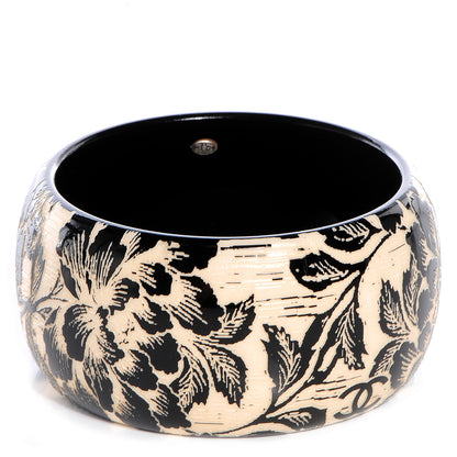 Chanel Resin Laser Etched Floral Bangle Black Cream 1 of 5