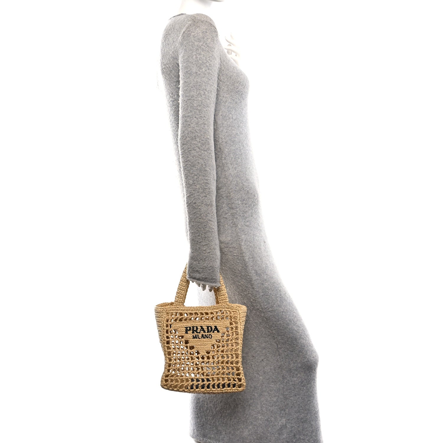 Prada Yarn Raffia Effect Crochet Logo Embroidered Small Tote Bag Naturale 2 of 9