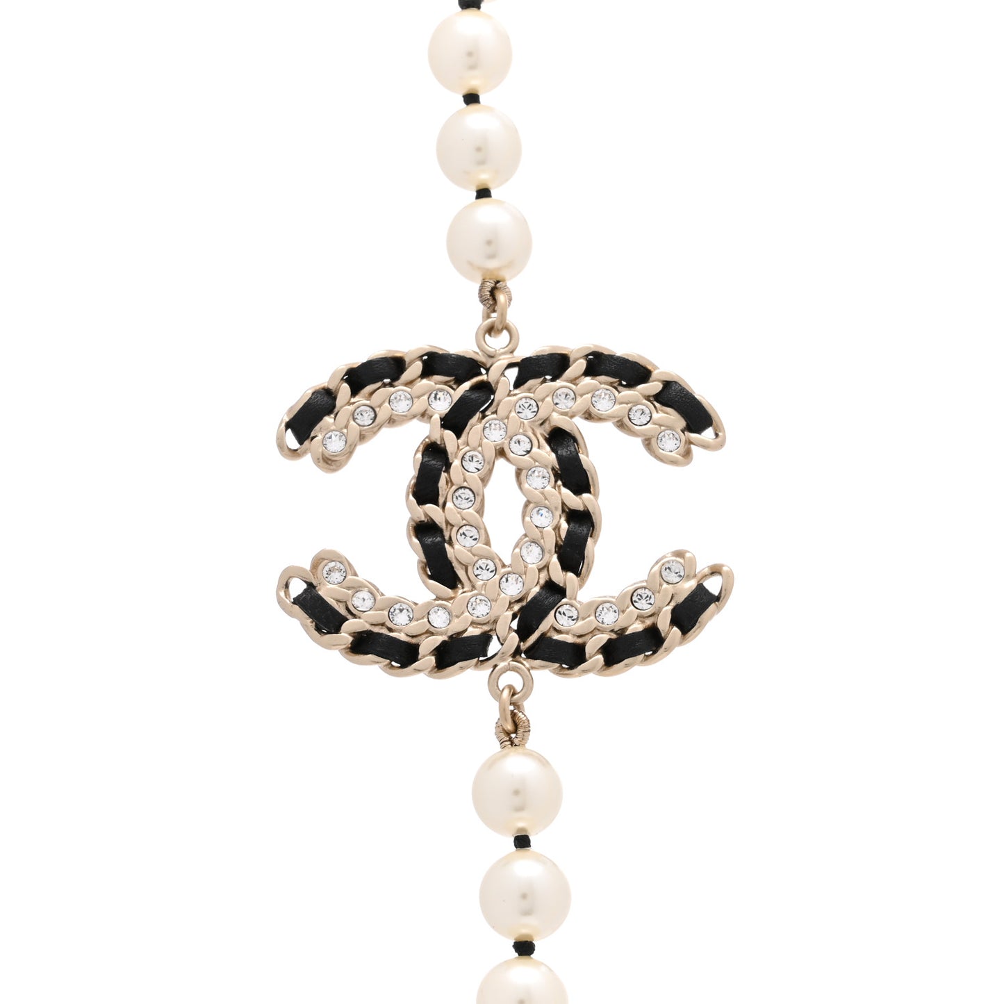 Pearl Crystal Lambskin CC Long Necklace Gold Black