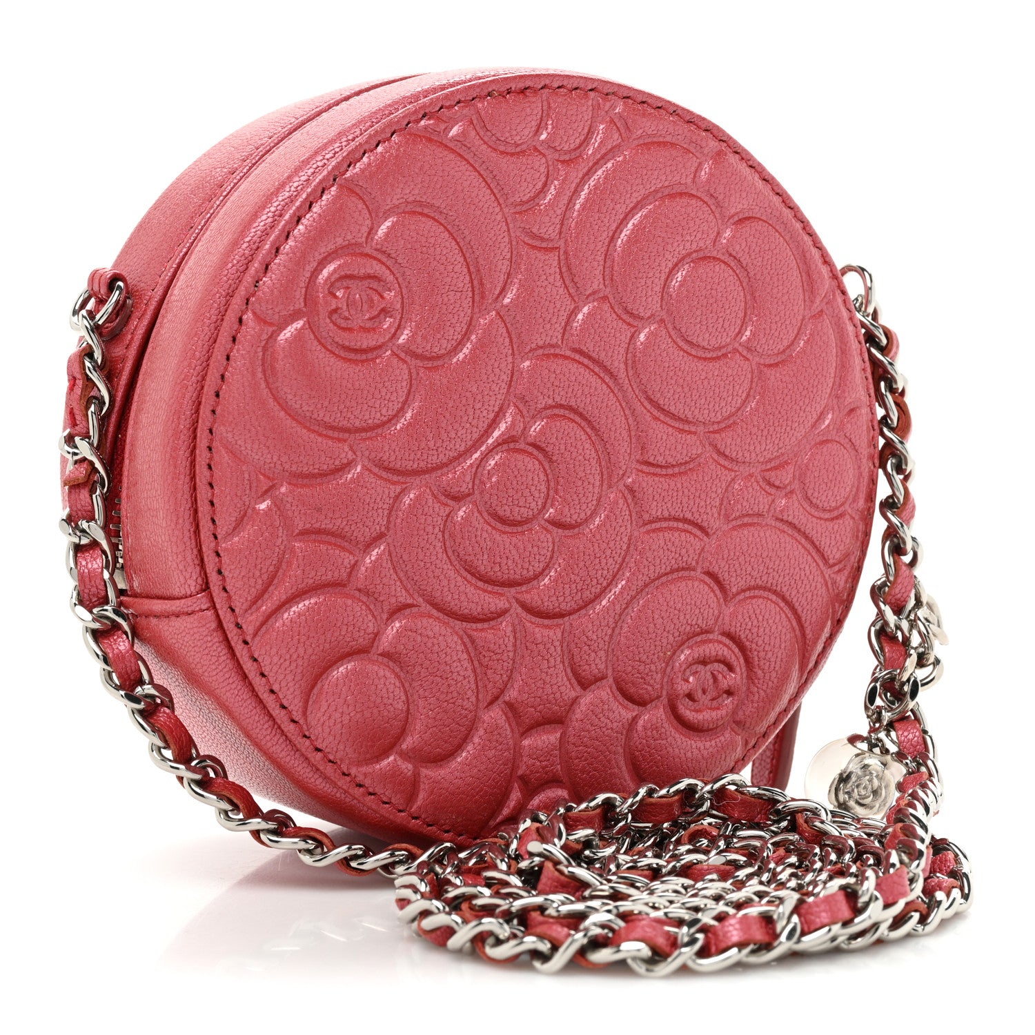Chanel Goatskin Camellia Quilted Round Clutch With Chain Dark Pink 3 of 9