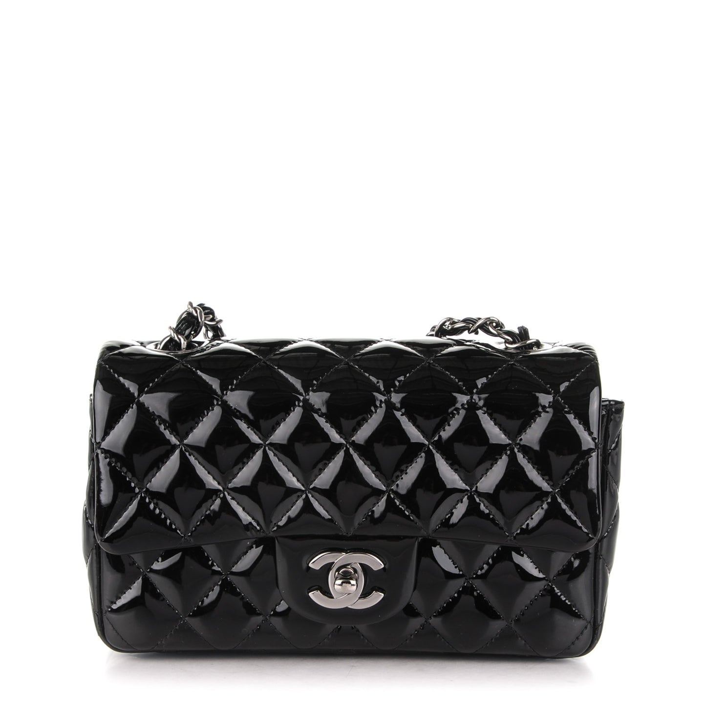 Patent Calfskin Quilted Mini Rectangular Flap Black