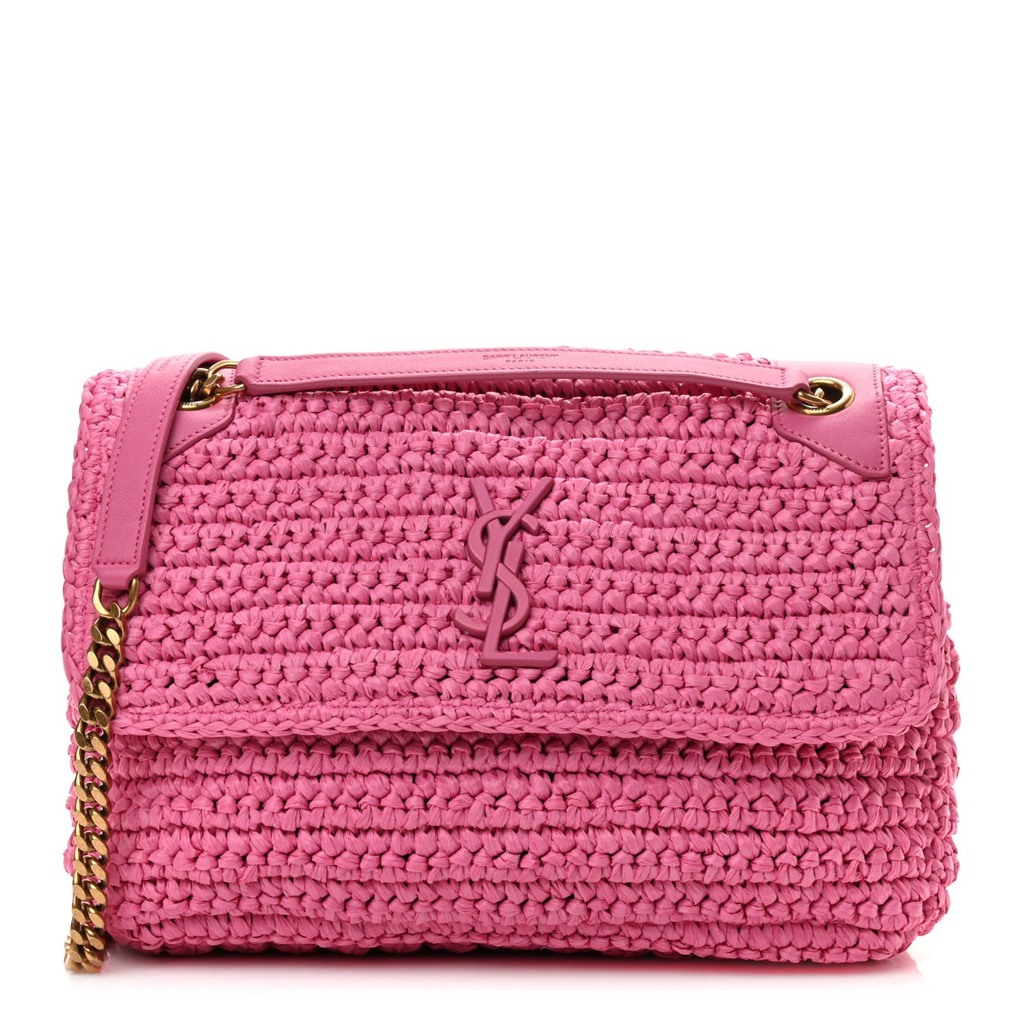 Raffia Calfskin Monogram Medium Niki Chain Satchel Bright Pink
