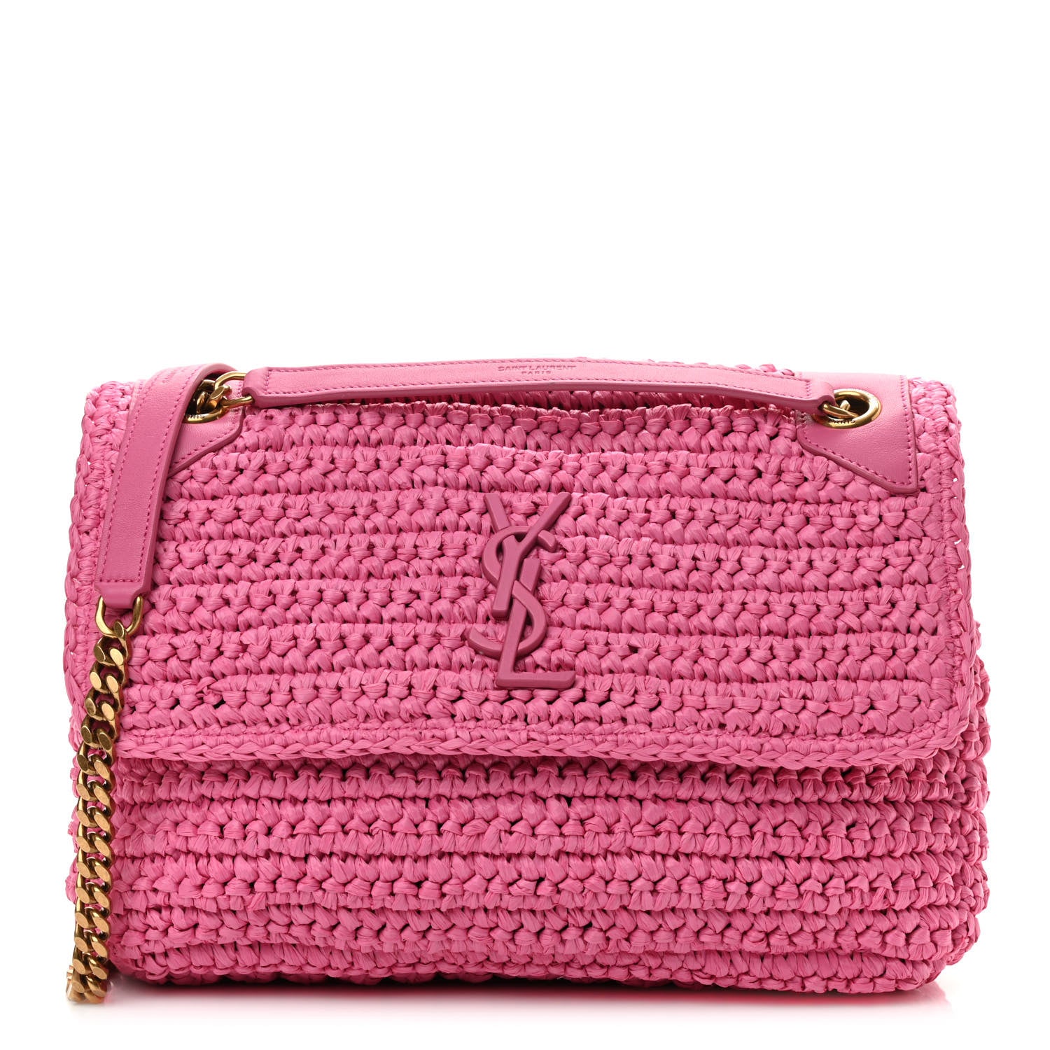 Saint Laurent Raffia Calfskin Monogram Medium Niki Chain Satchel Bright Pink 1 of 11