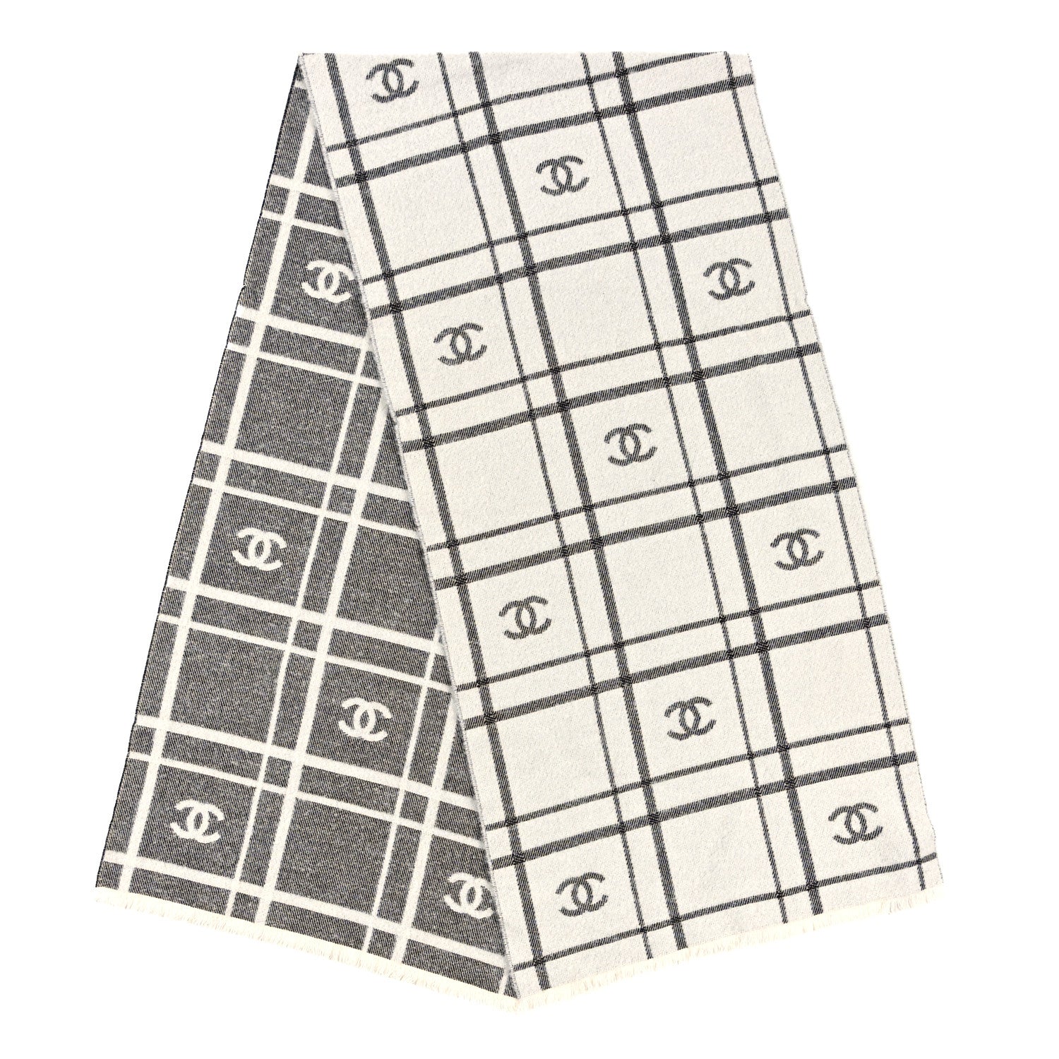 Chanel Wool Cashmere CC Scarf White Grey 2 of 3