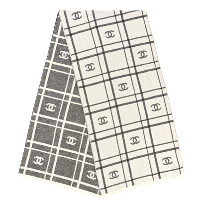 Chanel Wool Cashmere CC Scarf White Grey 2 of 3