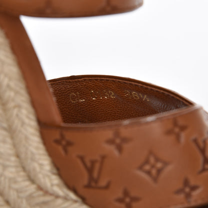 Louis Vuitton Calfskin Monogram Embossed Espadrille Wedge Sandals 36.5 Cognac 8 of 9