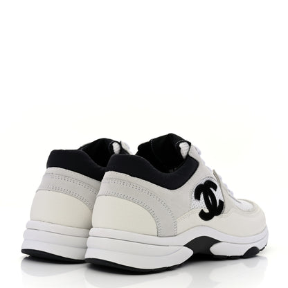 Chanel Mesh Suede Calfskin Grained Calfskin Womens CC Sneakers 38.5 White Black 4 of 9