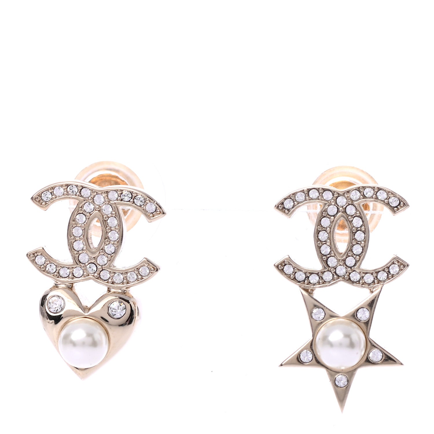 Chanel Crystal Pearl Charming Winter CC Star Heart Earrings Gold 1 of 4