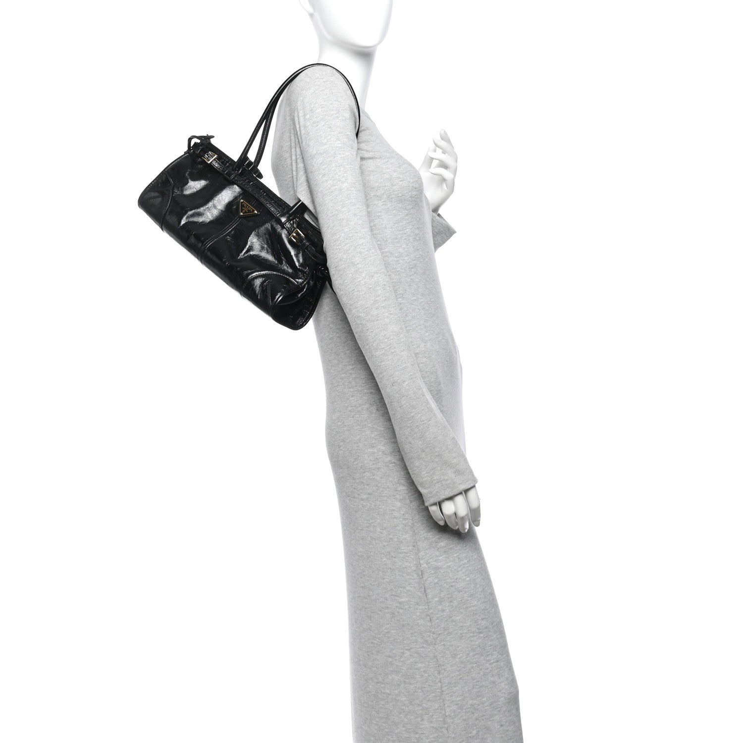 Prada Glossy Calfskin Triangle Medium Bonnie Shoulder Bag Black 2 of 10