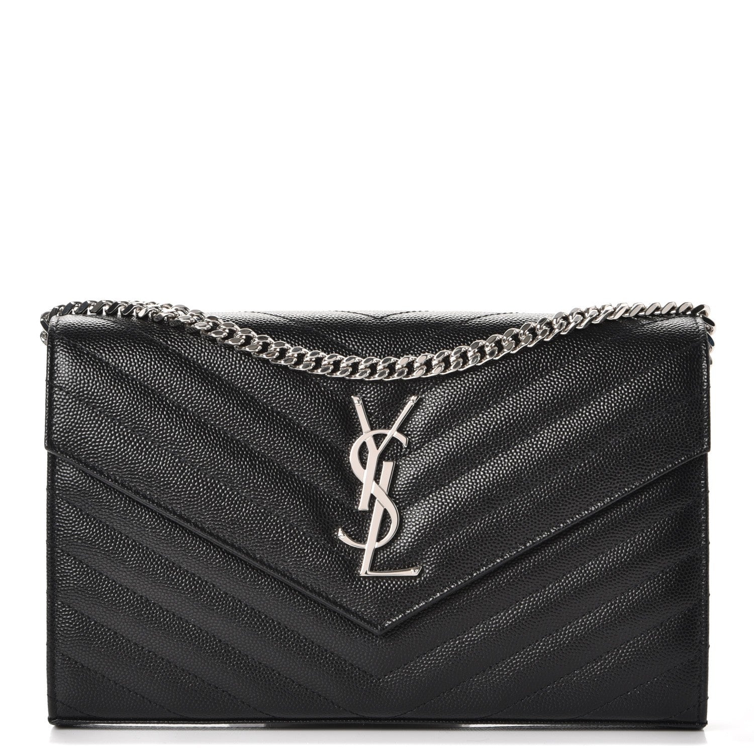 Saint Laurent Grain De Poudre Matelasse Chevron Monogram Chain Wallet Black 1 of 7