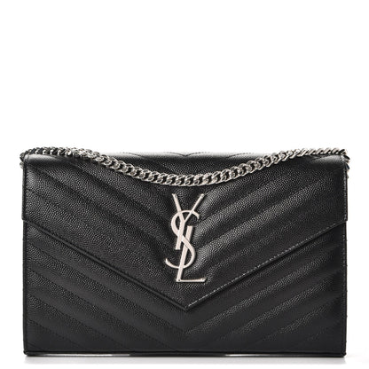 Saint Laurent Grain De Poudre Matelasse Chevron Monogram Chain Wallet Black 1 of 7