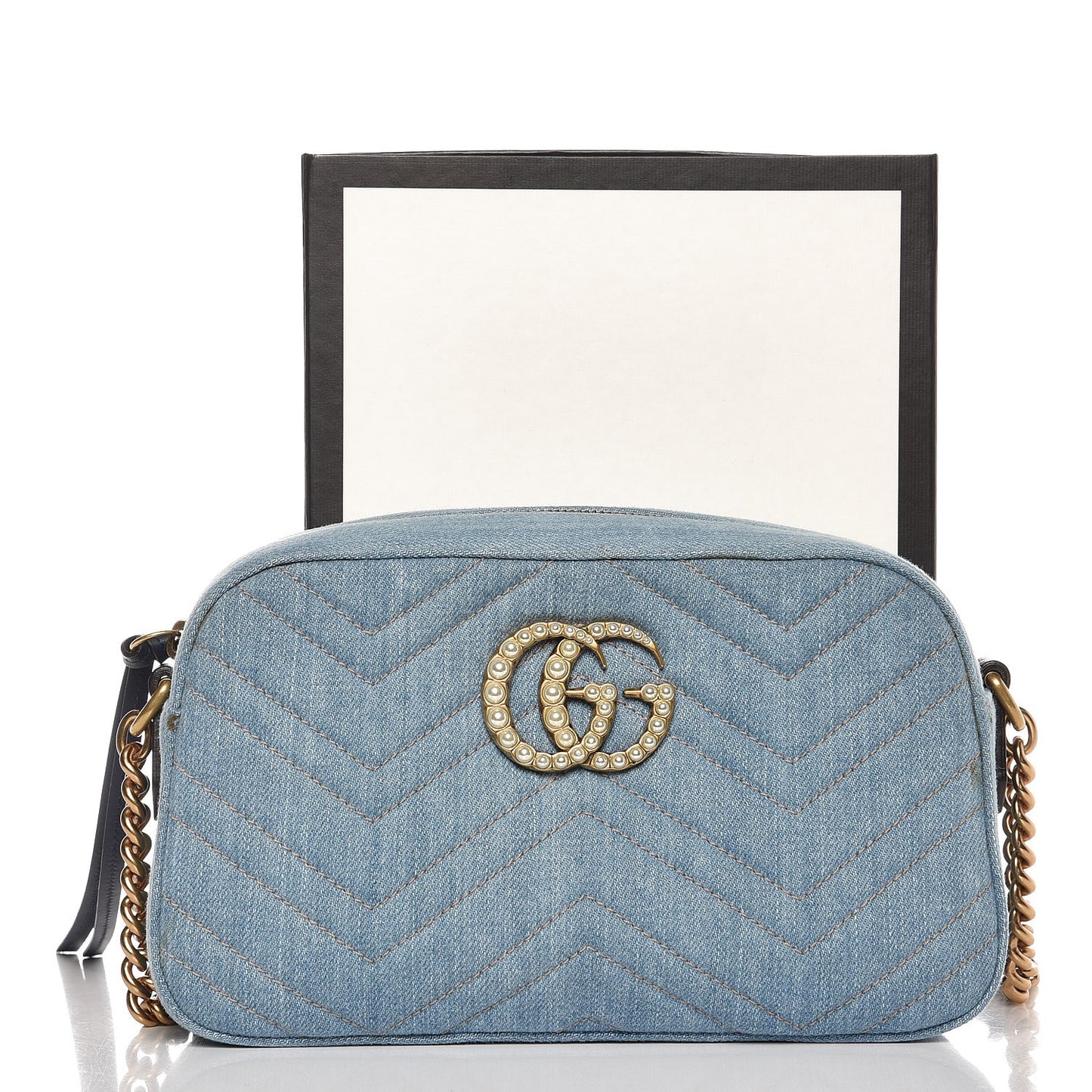 Denim Matelasse Small Pearly GG Marmont Chain Shoulder Bag Blue