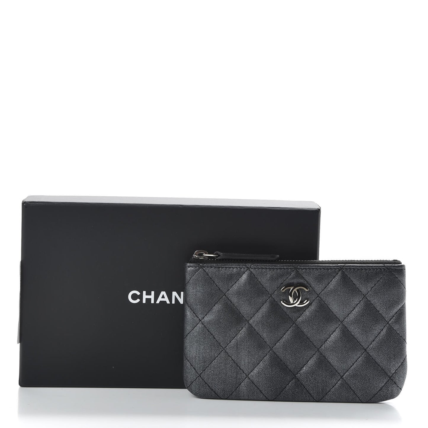 Metallic Goatskin Quilted Small Cosmetic Case Dark Grey