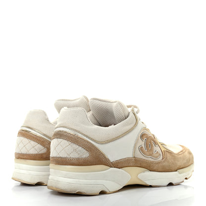 Chanel Nylon Lambskin Suede Calfskin CC Sneakers 37.5 Brown White Gold 4 of 11