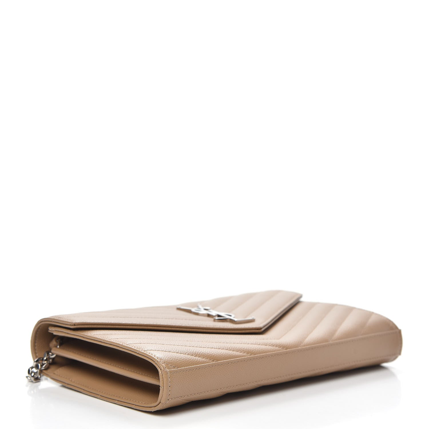 Saint Laurent Grain De Poudre Matelasse Chevron Monogram Chain Wallet Dark Latte 4 of 12