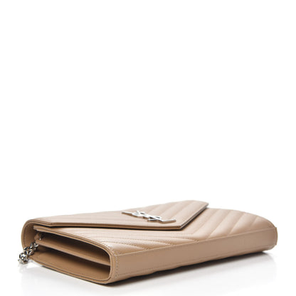 Saint Laurent Grain De Poudre Matelasse Chevron Monogram Chain Wallet Dark Latte 4 of 12