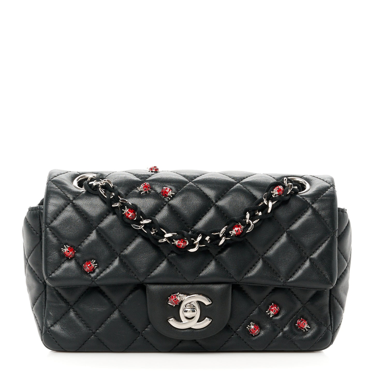 Lambskin Quilted Embellished Mini Ladybug Rectangular Flap Black