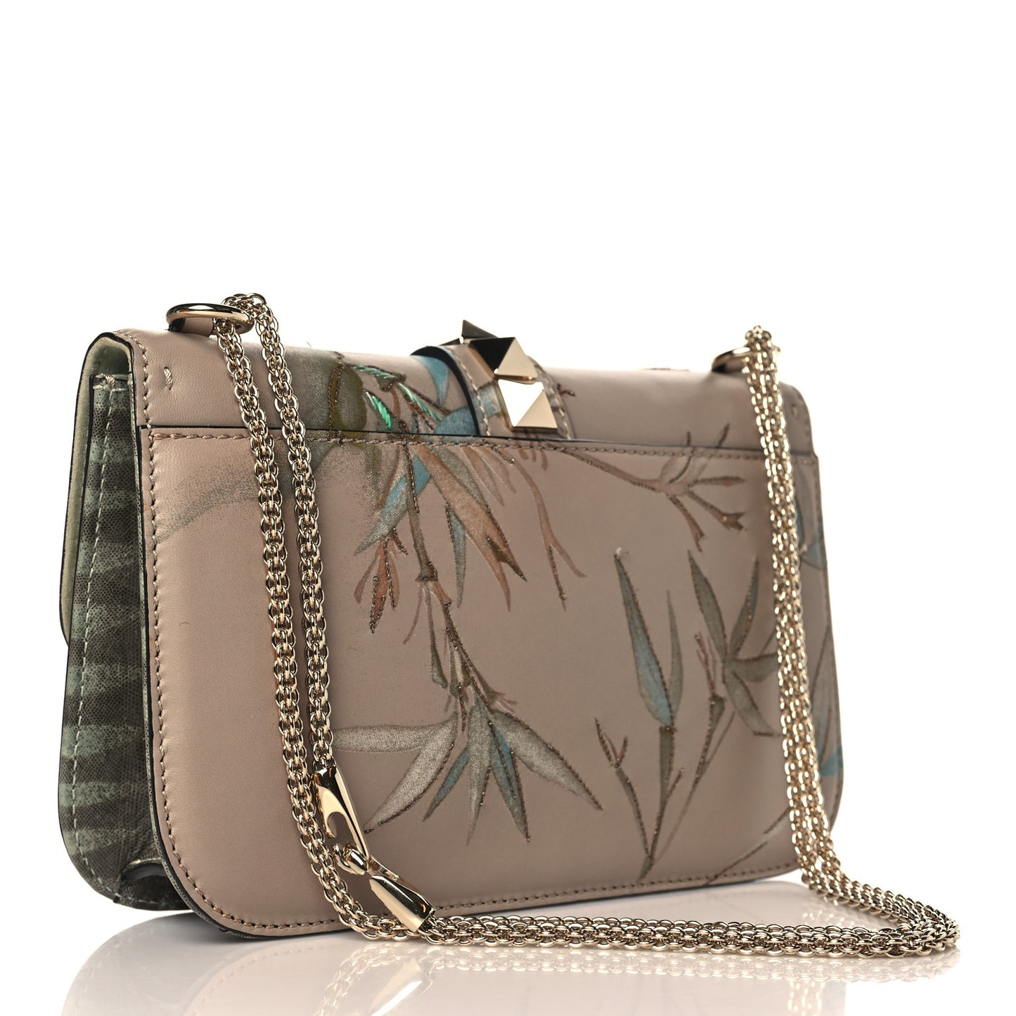 Vitello Embroidered Medium Glam Lock Rockstud Flap Beige