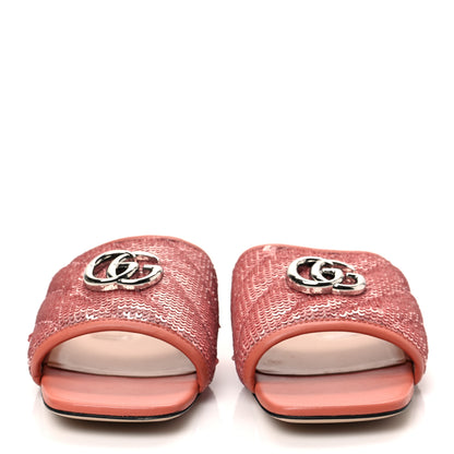 Gucci Sequin Satin Calfskin Matelasse GG Marmont Flat Slide Sandals 37.5 Antique Rose Rosa Pale Pink 2 of 9