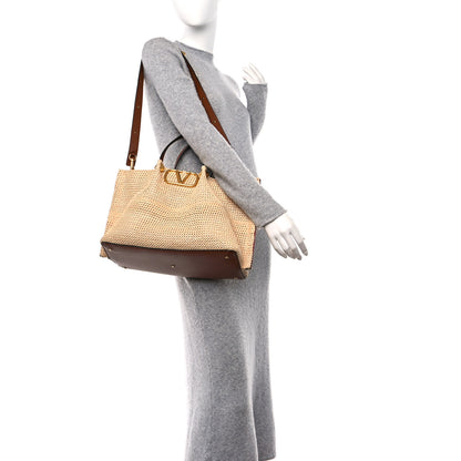 Valentino Garavani Raffia Grained Calfskin Medium Rockstud Vlogo Tote Naturale 2 of 15