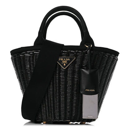 Prada Wicker Canvas Shoulder Bag Black 3 of 16