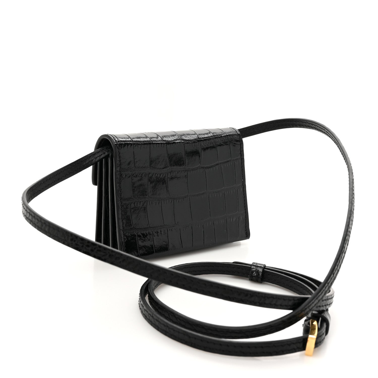 Tom Ford Calfskin Crocodile Embossed Mini T Clasp Accordion Wallet With Strap Black 3 of 9