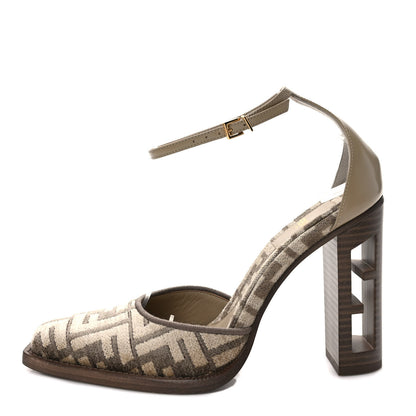 Fendi Chenille Jacquard FF Cut Baguette Ankle Strap 105mm Pumps 36 Tortora Nuvola 1 of 8