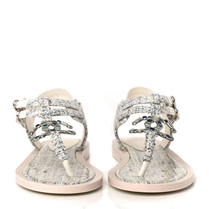 Chanel Tweed CC Thong Sandals 38 Ecru Blue Beige Grey 2 of 11