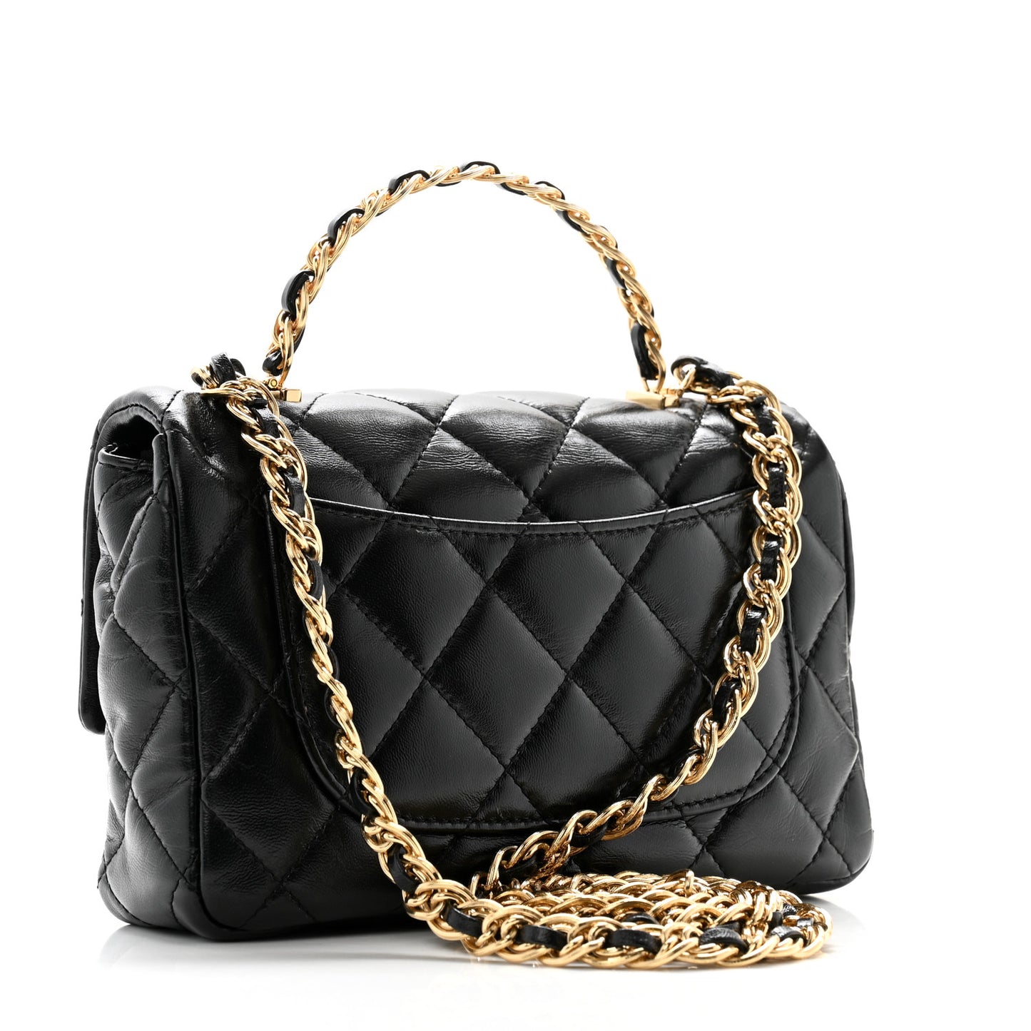 Shiny Lambskin Quilted Golden Links Top Handle Flap Black