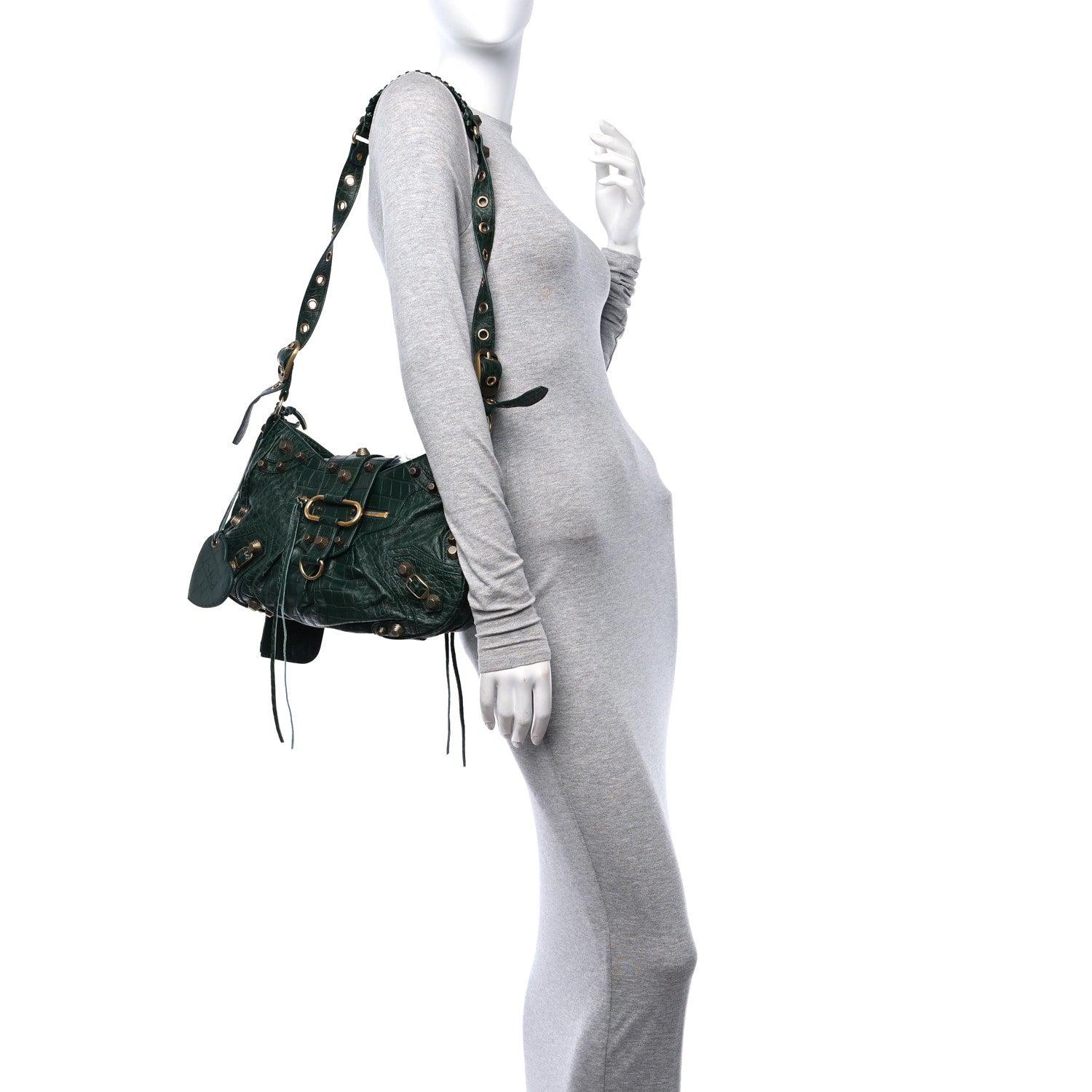 Balenciaga Extra Supple Calfskin Monochrome Crocodile Embossed Medium Le Cagole Shoulder Bag Forest Green 2 of 13