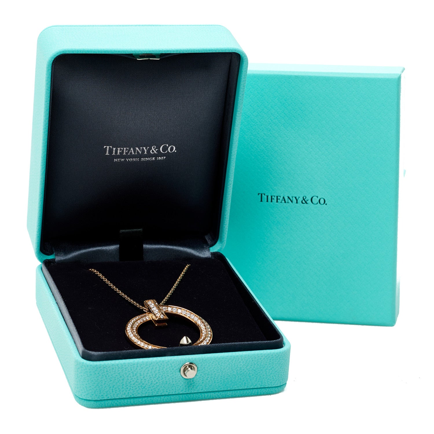 Tiffany 18K Yellow 18K Rose Gold Diamond Large T T1 Circle Pendant Necklace 6 of 6