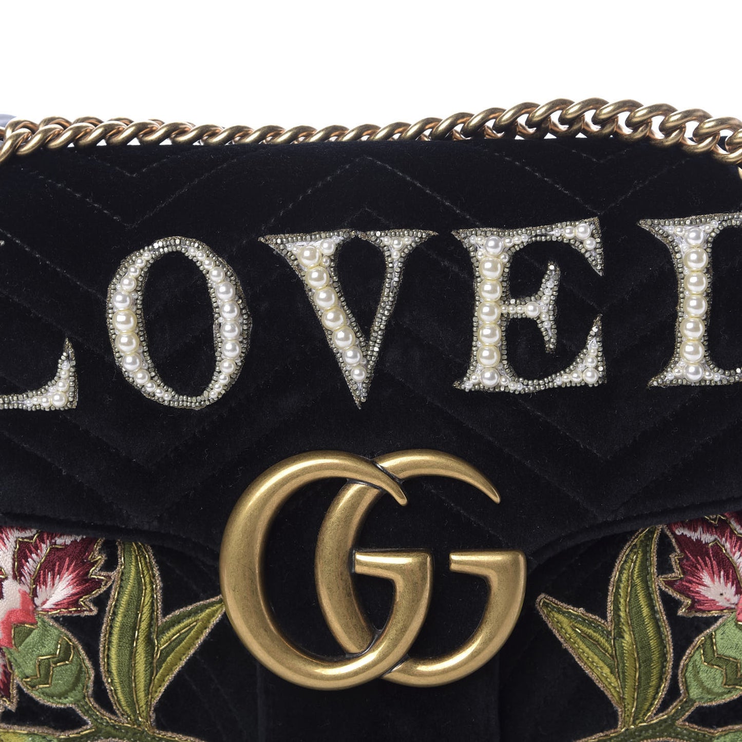 Velvet Matelasse Loved Embroidered Medium GG Marmont Shoulder Bag Black