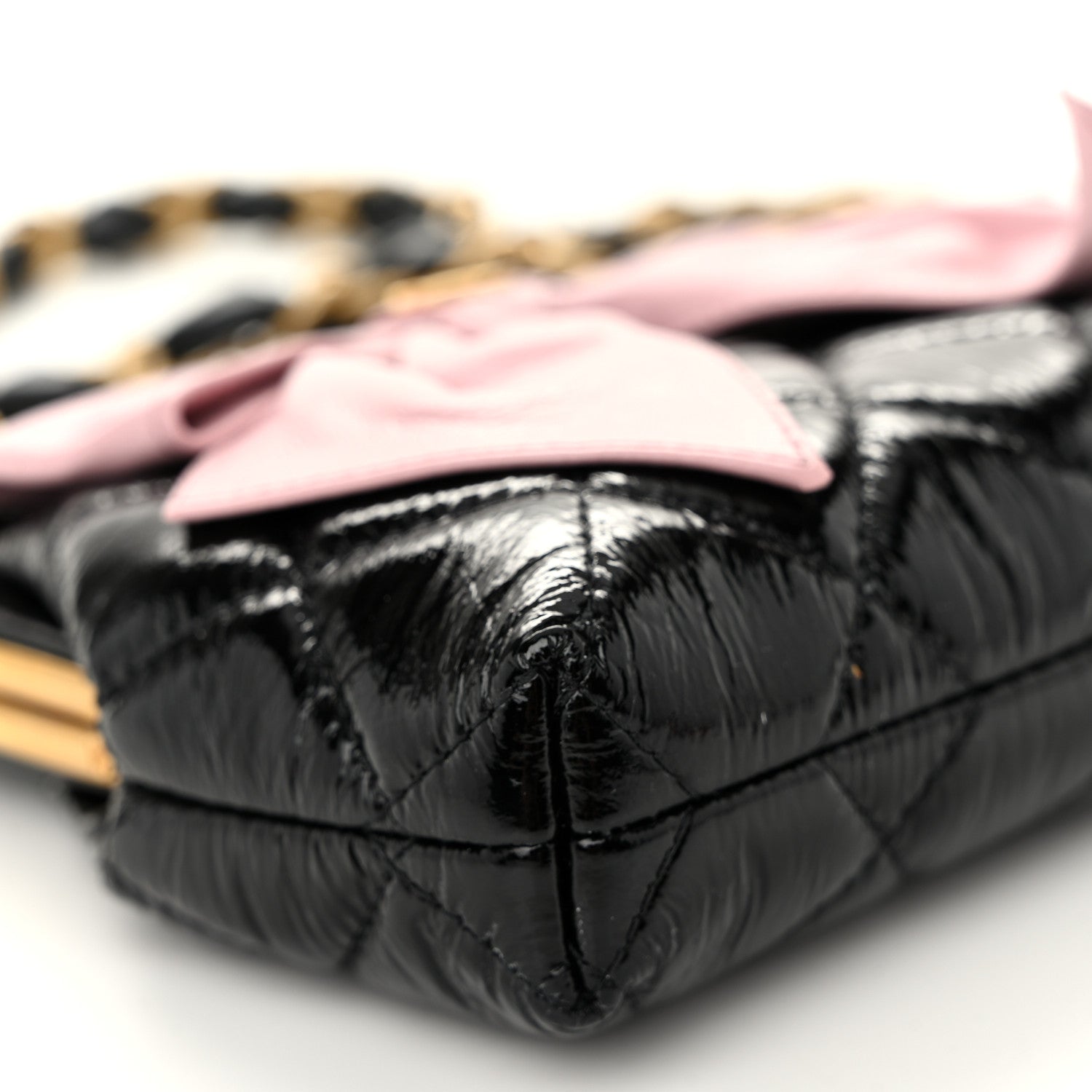 Chanel Patent Crumpled Lambskin Shiny Lambskin Quilted Maxi Bow Clutch With Chain Black Pink 10 of 11