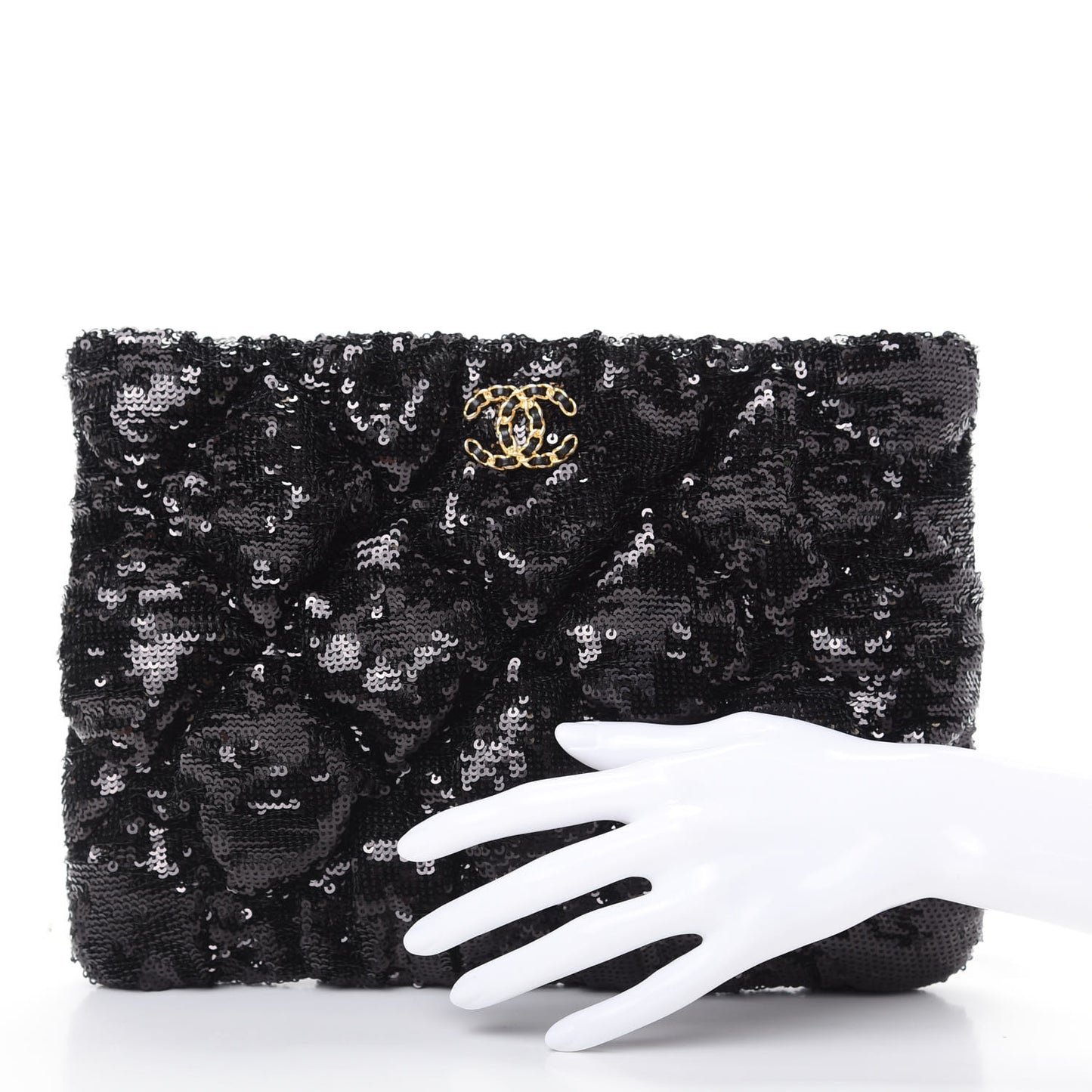 Sequins Quilted Large Chanel 19 Pouch Black