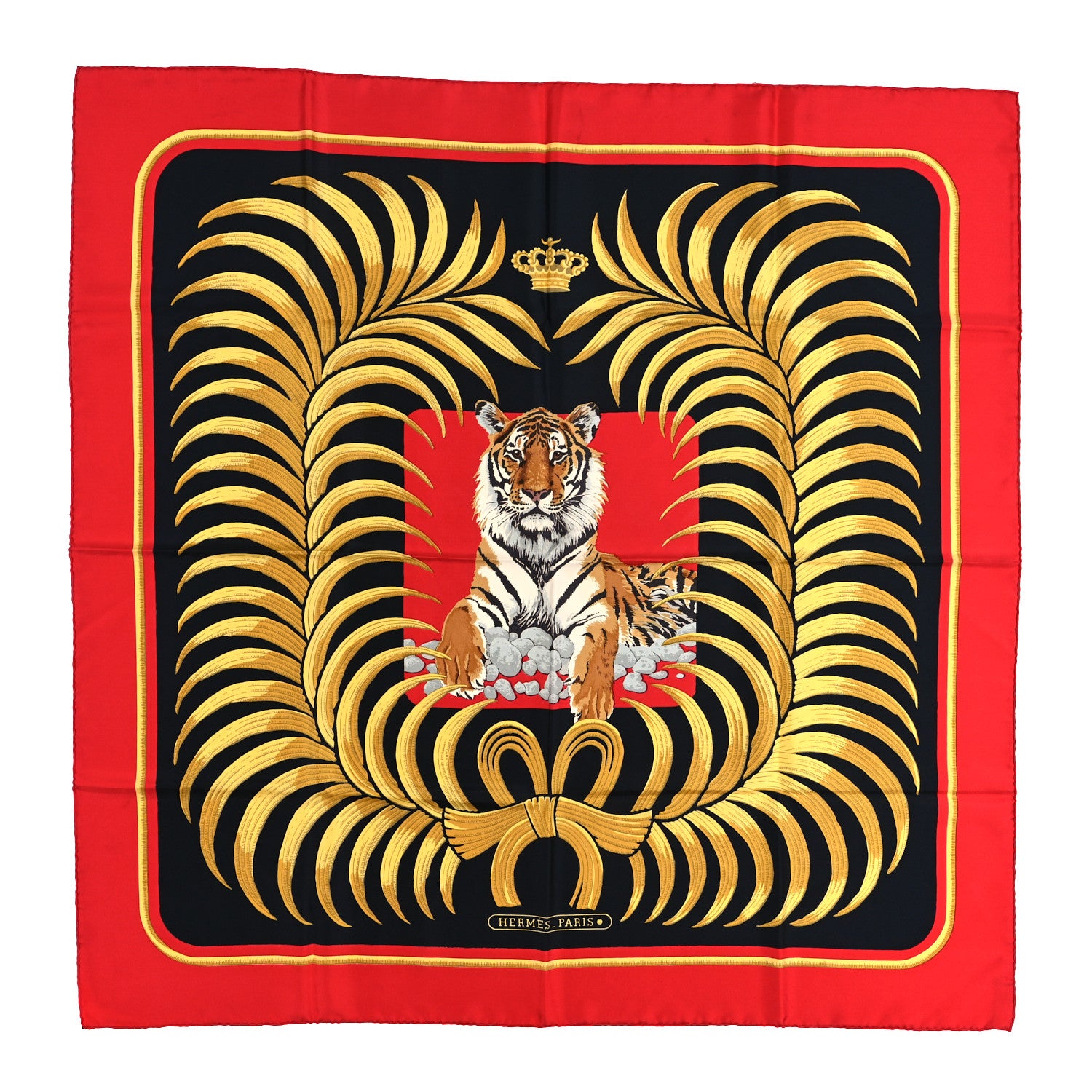 Hermes Silk Tigre Royal Pocket Square Rouge Black Or 1 of 3