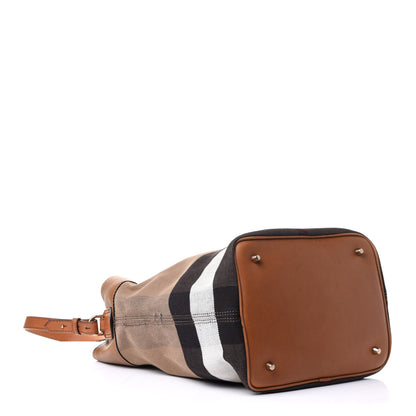 Burberry Grainy Calfskin Canvas Mega Check Medium Ashby Tassel Hobo Saddle Brown 5 of 16